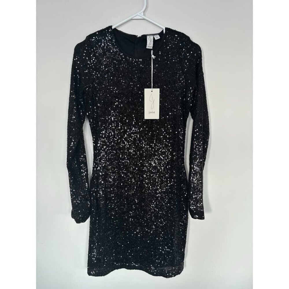NWT JOIE Long Sleeve Shift Dress Size Small Black Sequined Lined Stretch